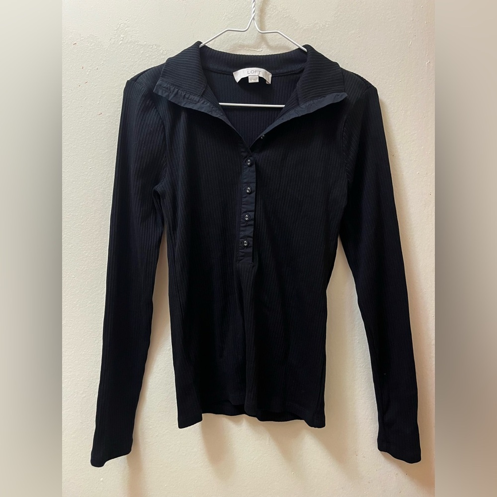LOFT Black Button-Up Ribbed Collar Neck Long Sleeve Top (Size S)